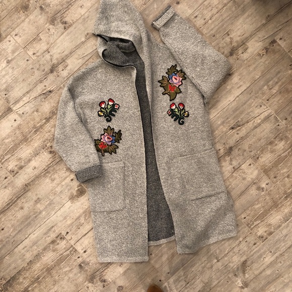 Sweaters - SAM EUC PXL long  cardi w/hood  and flower appliqués